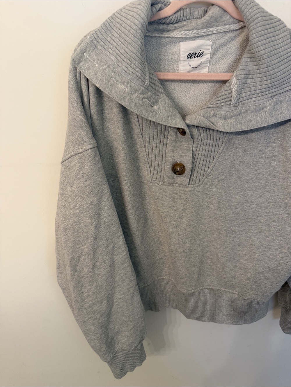 aerie Best Button Light Gray Funnel Collar Pullover with Button - Picture 4 of 5